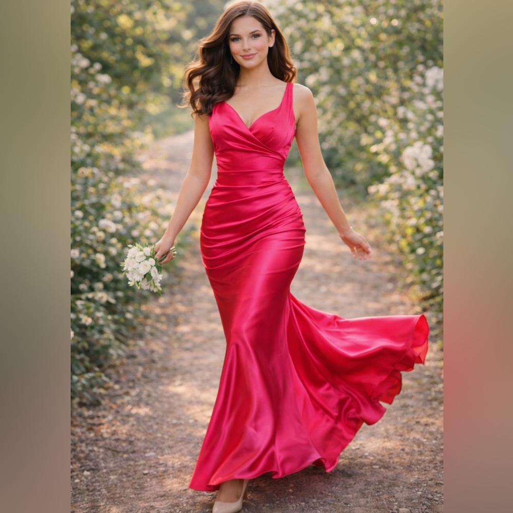 Cache Hot Pink Satin Mermaid Barbiecore Prom Formal Gown Dress Size 8